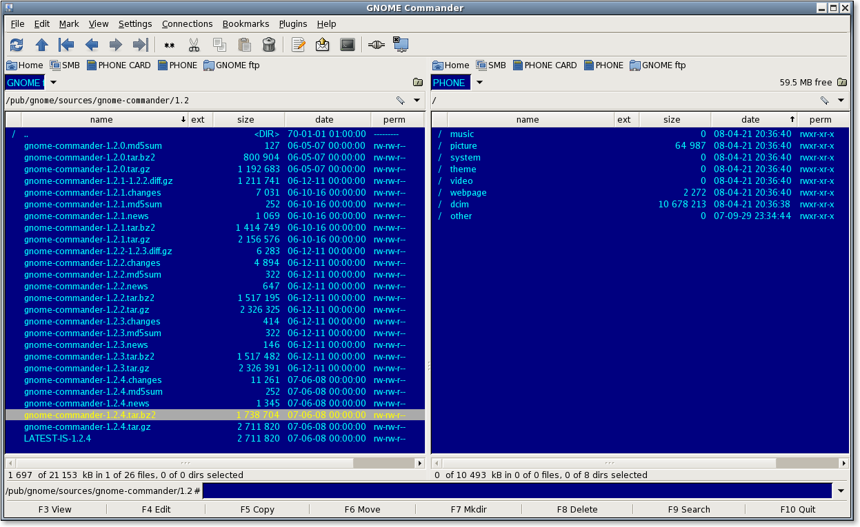 Shows GNOME Commander main window. Contains titlebar, menubar, toolbar, display area, and scrollbars.
              	Menubar contains File, View, Settings, and Help menus.